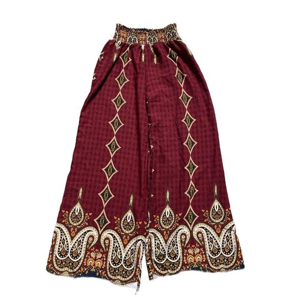 Fashion Nova Pants - Fashion Nova Burgundy Paisley Patterned Elastic-Waist Wide-Leg Pants (Small)